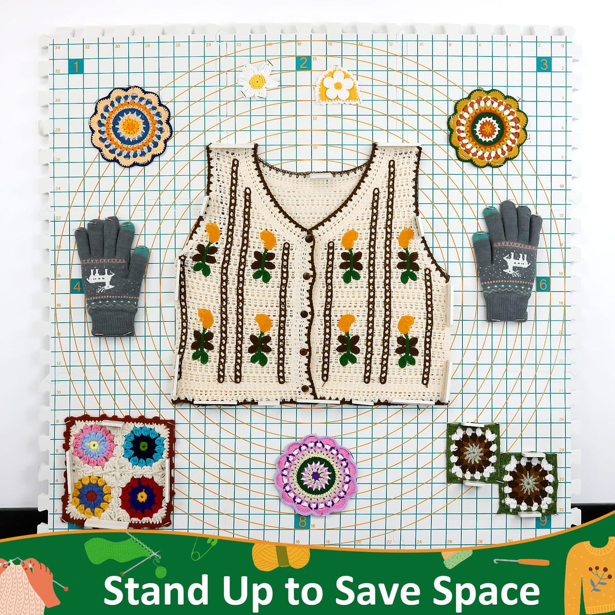 9 Pcs Blocking Mats for Knitting, Extra Thick Blocking Boards with Grids, with 200 T-Pins and 24PCS Knitting Blockers, for Needlepoint or Crochet