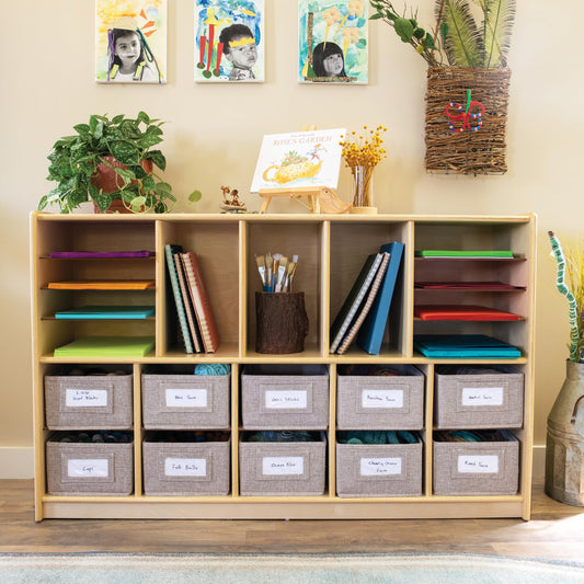 Guidecraft EdQ Shelves and 10 Bin Storage Unit- Natural: Multi-Functional Cube Storage Organizer or Bookcase, Wooden Cabinet for School and Home, Teacher's Book Cubby and Toy Shelf