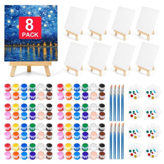 8 Pack 8 * 10In Canvas Boards for Painting, Art Canvas for Drawing with 16 Brushes & 8 Paint Trays & 16 Acrylic Paint, Mini Painting Canvas with Easel Set, Painting Kits for Adults Party
