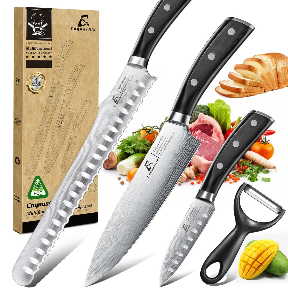 CoquusAid Kitchen Knives Set, 4 PCS Professional Chef Knife Set, Razor Sharp High Carbon Stainless Steel Knife Set, Ergonomic Handle Design, Ideal for Everyday Home Use, Perfect Gifts for Kitchen