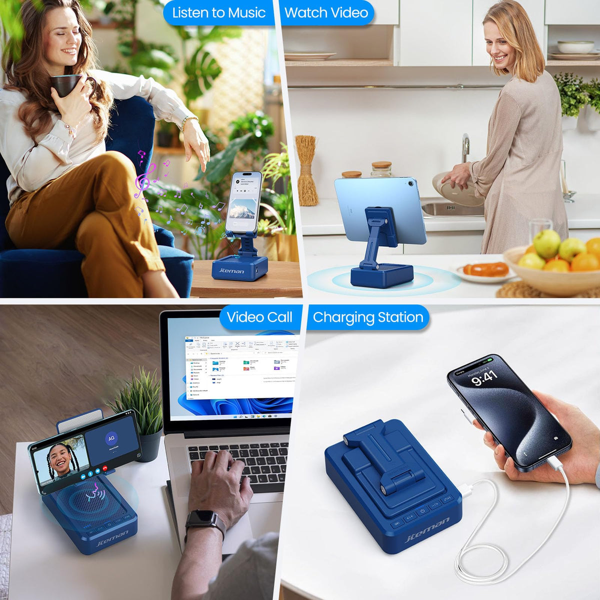 JTEMAN Cell Phone Stand with Bluetooth Speaker,HD Sound Adjustable Phone Holder,Birthday Gifts for Men Women, Cool Tech Kitchen Gadgets for Most Phones and Tablets-Blue