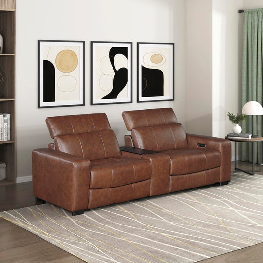 Lexicon Sectional Couches for Living Room-Modular Sectional Sofa, Power Double Reclining Loveseat with Center Console, Power Headrests, Charging Ports, Dual Cup Holders, Top Grain Leather Brown