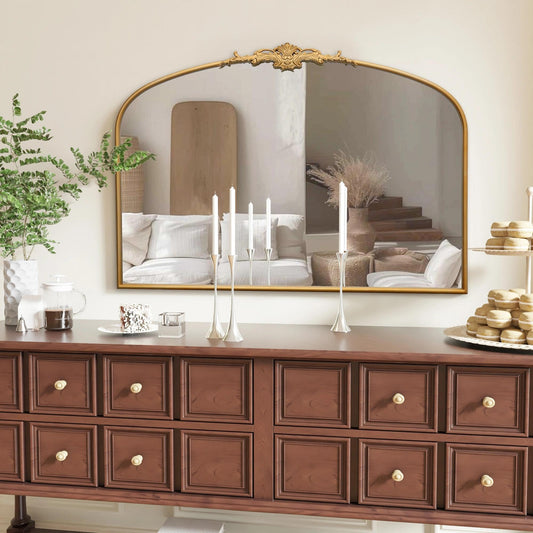 Besdomus Ornate Arched Large Mirror: 48"x33" French Oversize Gold Vintage Vanity Decorative Mirror - Baroque Traditional Antique for Fireplace/Bathroom/Living Room - Home Decor for Homemakers