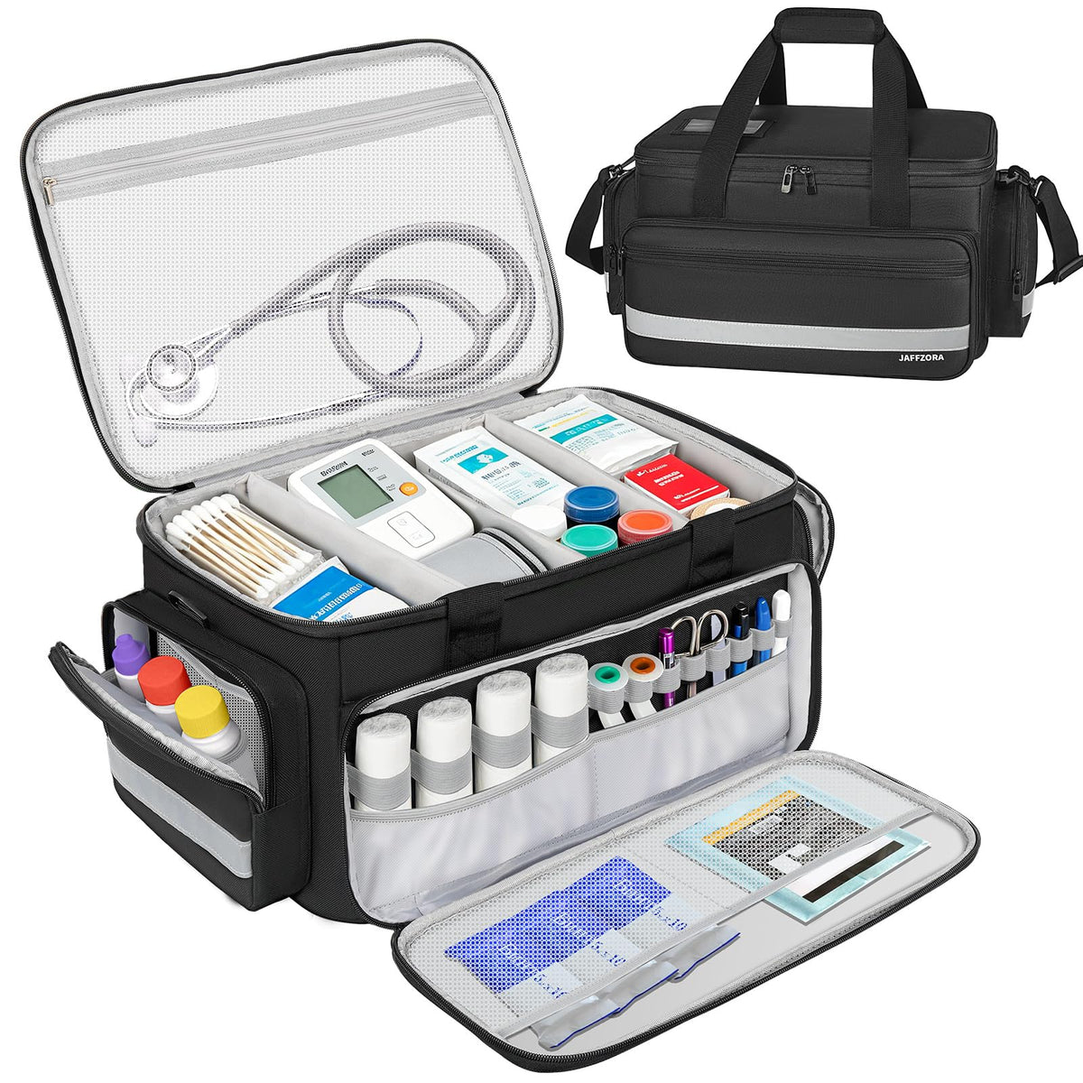 Jaffzora Medical Bag, Medical Equipment Case Empty, Large Home Health Nurse Bag with Shoulder Strap, Medication First Aid Organizer for Therapist, Doctors, Nursing Students (Black)