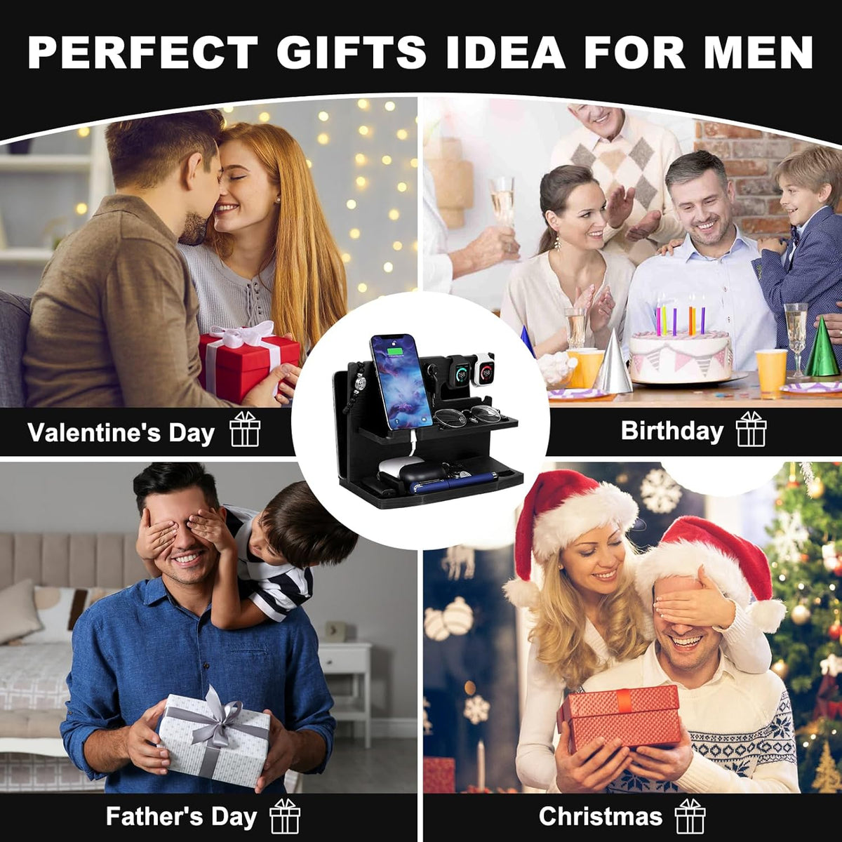 AliveByte Gifts for Men Desk or Nightstand Organizer - Wood Phone Docking Station - Birthday Gifts for Husband, Fathers