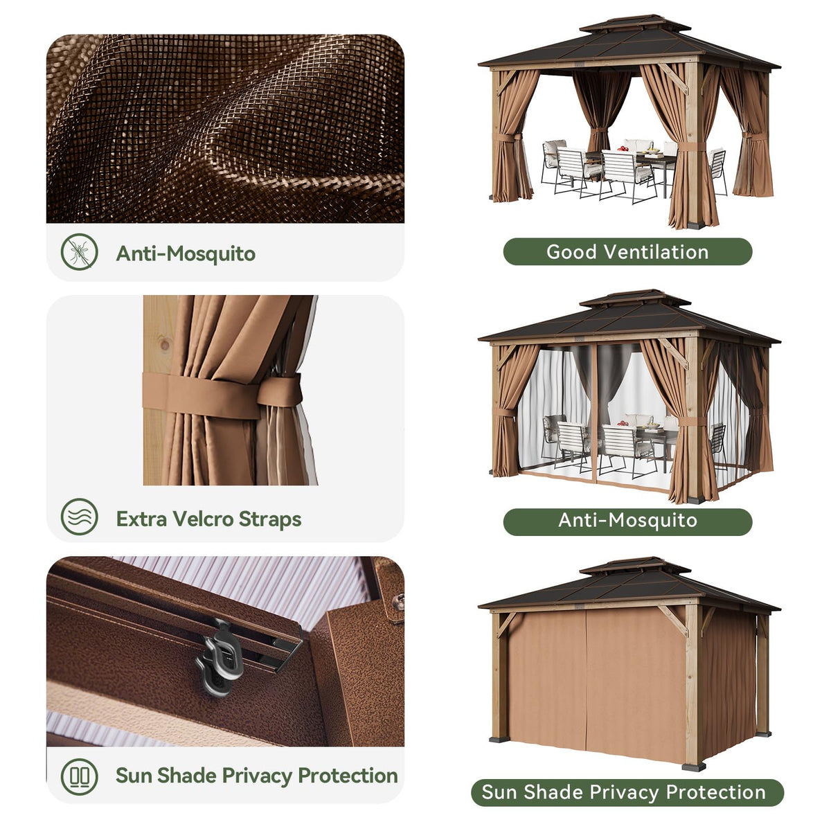 Aoxun 10' x 12' Outdoor Wood Gazebo with Double Polycarbonate Top, Hardtop Gazebo Permanent Wooden Pavilion with Breathable Netting and Privacy Curtain for Patio, Garden, Deck, Cedar Wood, Natural
