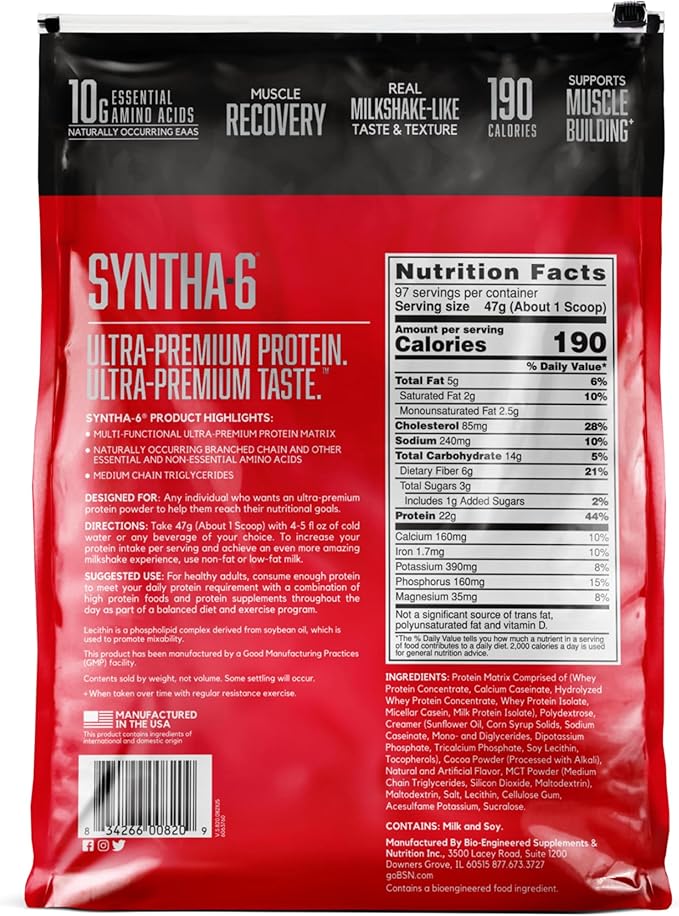 BSN SYNTHA-6 Whey Protein Powder with Micellar Casein, Chocolate Milk Protein Isolate Powder, Chocolate Milkshake, 97 Servings (Package May Vary)
