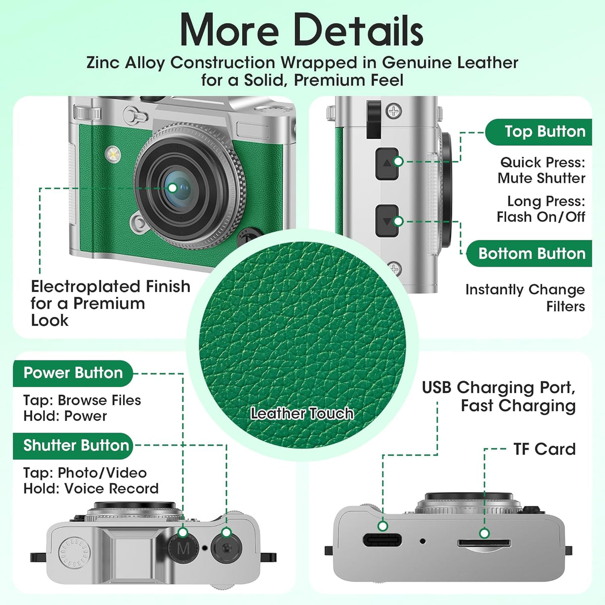 Dienspeak Y2K 2K 16GB Pocket Mini Camera, Retro Keychain Digital Camera with Leather Body, Small Portable HD Video
