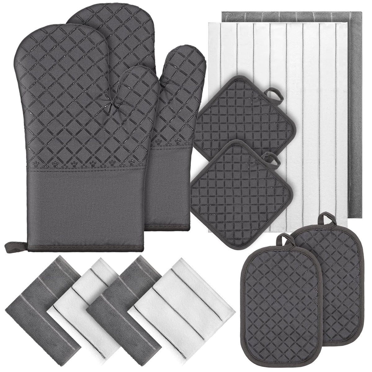 Oven Mitts Kitchen Towels Dishcloths with Pot Holders Sets 12pcs Dish Towels Sets Oven Gloves Pot Pads Heat Resistant 500 Degrees with Non-Slip Silicone Surface for Cooking Baking Grilling