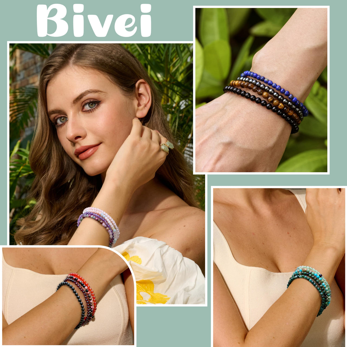 Bivei Rose Quartz - Loving - 4mm Beaded Bracelets for Women Handmade Semi Precious Natural Stone Stretch Elastic Jewelry Yoga Protection Gifts