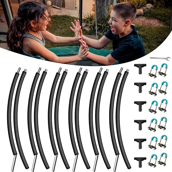 6PCS Trampoline Curved Poles, Universal Trampoline Replacement Enclosure Pole Fits for 8-16FT Curved Trampoline Frame, Galvanized Trampoline Replacement Parts with Foam Cover, T Connector & Hardware