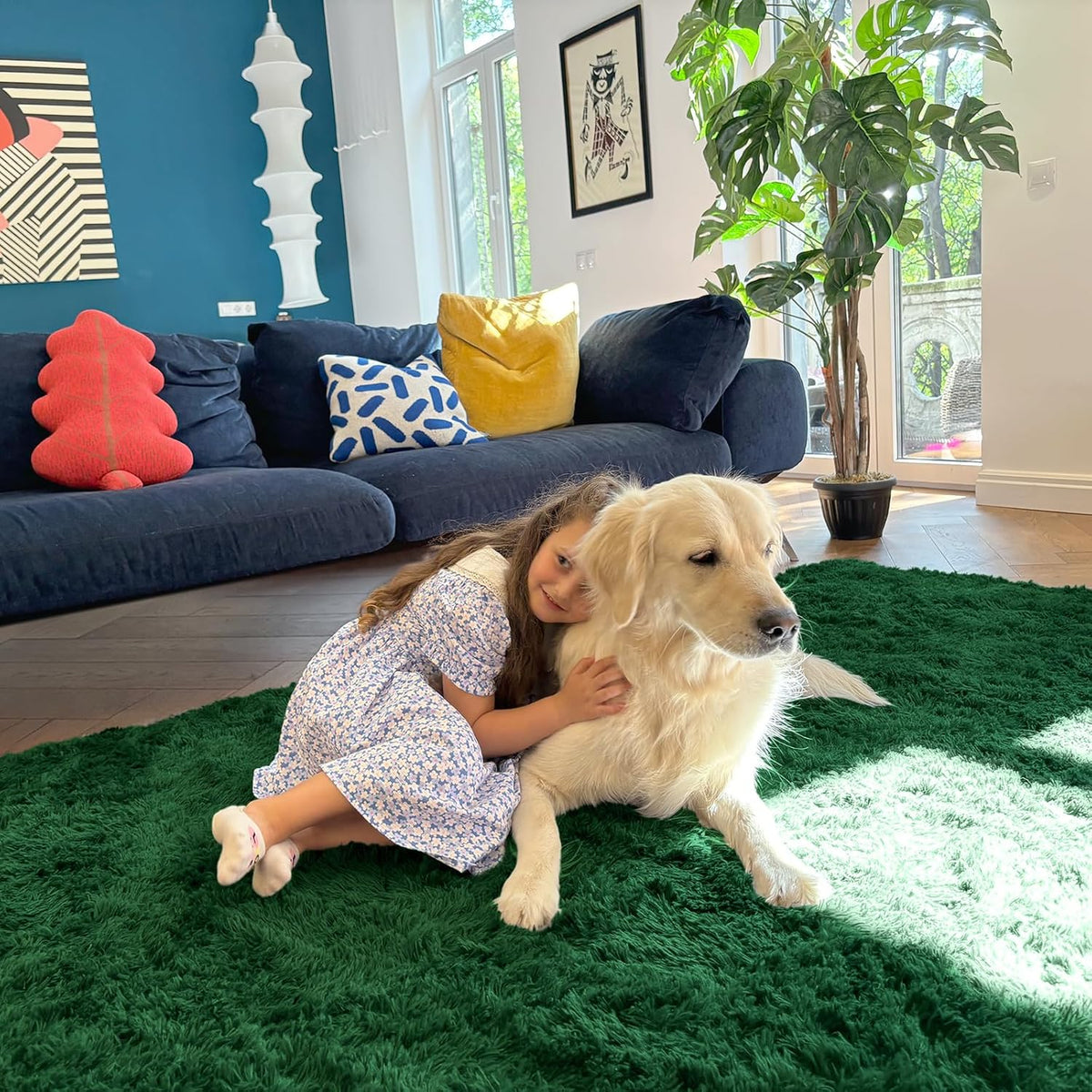 OLANLY Area Rugs - Soft Fluffy Shaggy Indoor Carpet for Living Room & Bedroom | 4x5.9 ft Dark Green