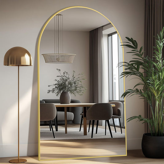 Large Mirror Full Length 76"X44", Oversized Arched Floor Mirror with Stand, Gold Standing Mirror Full Length, Hanging or Wall Mounted for Bedroom Living Room Clothing Store, Tempered Glass