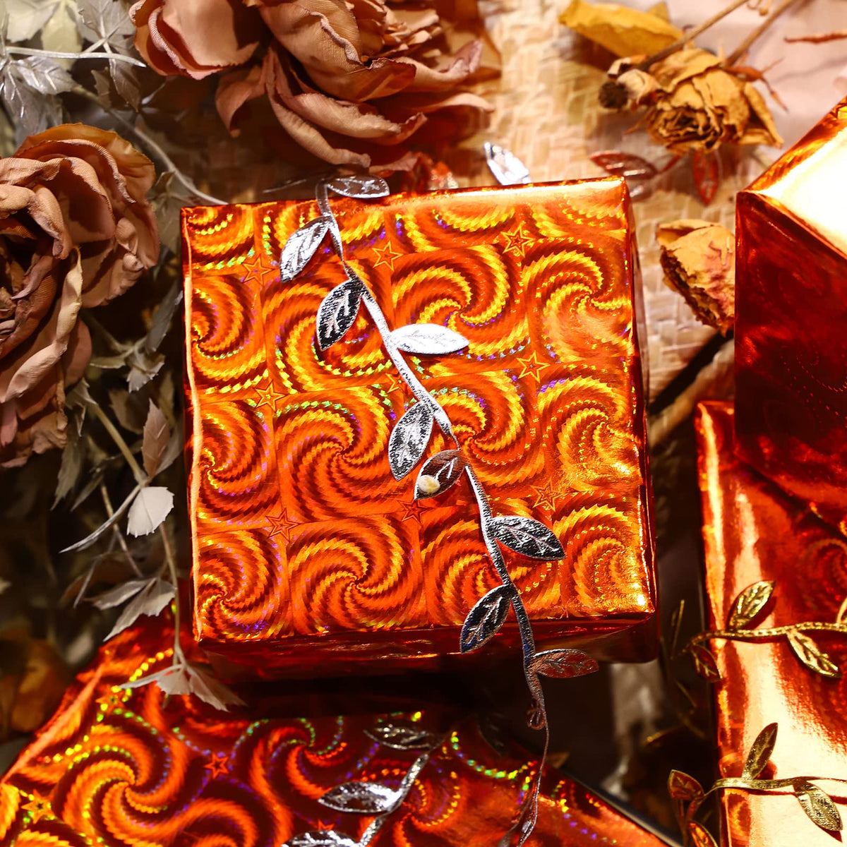 LeZakaa Fall Holographic Wrapping Paper Roll, Orange Gift Wrap with Swirl & Star Pattern Metallic Foil for Autumn, Thanksgiving, Birthday, Halloween, Wedding, Mini Roll 17 in x 32.8 ft