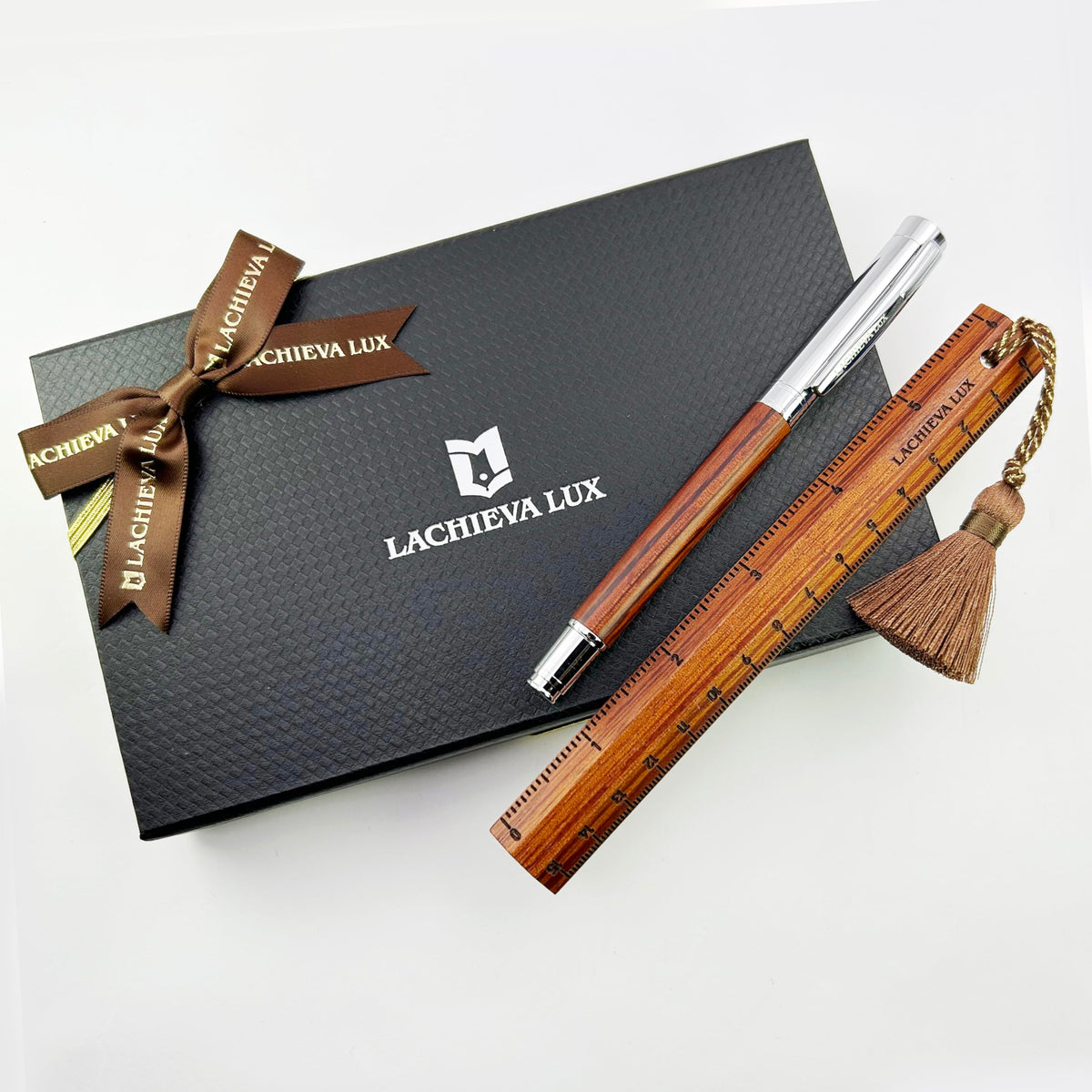 LACHIEVA LUX Nice Elegant Rosewood Rollerball Pen with Ruler/Book mark Set, Luxury Roller Ball Pen Gift for Woman, Man