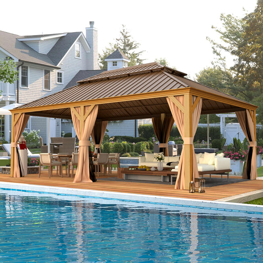 EROMMY 12'x22' Gazebo, Wooden Finish Coated Aluminum Frame Pergola with Double Galvanized Steel Hardtop Roof, Outdoor Permanent Metal Pavilion with Curtains and Nettings for Patio, Backyard and Deck