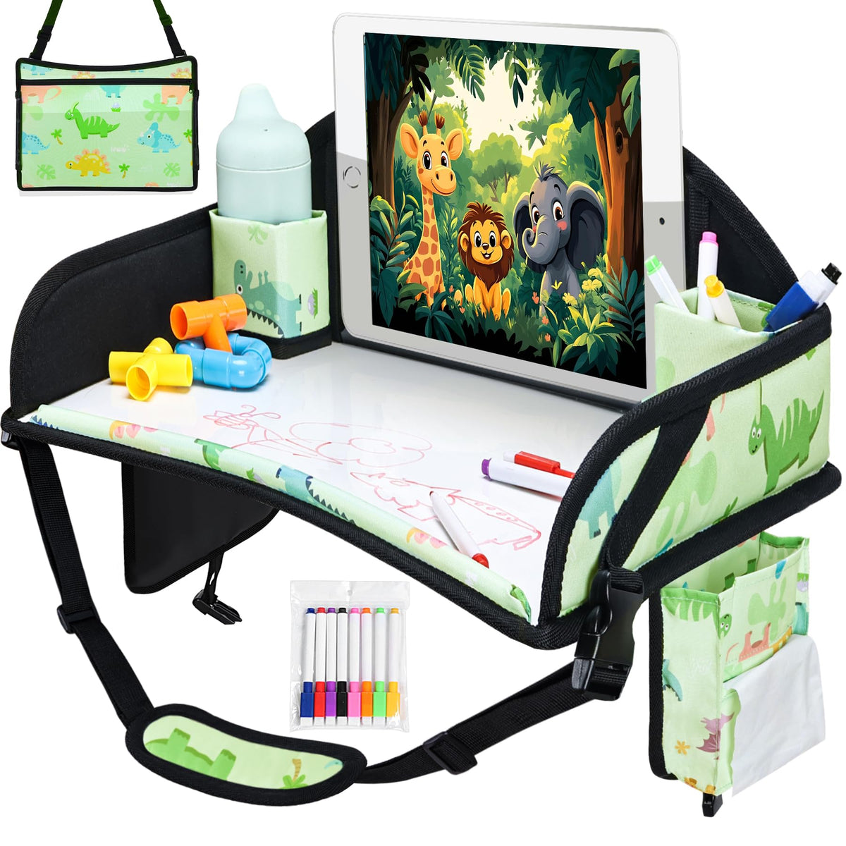 WENRENER Kids Travel Tray, Car Seat Tray for kids Travel, Toddler Road Trip Essentials With Drawing Kit, Toddler Lap Desk Organizer for Car, Carseat Table for Airplane