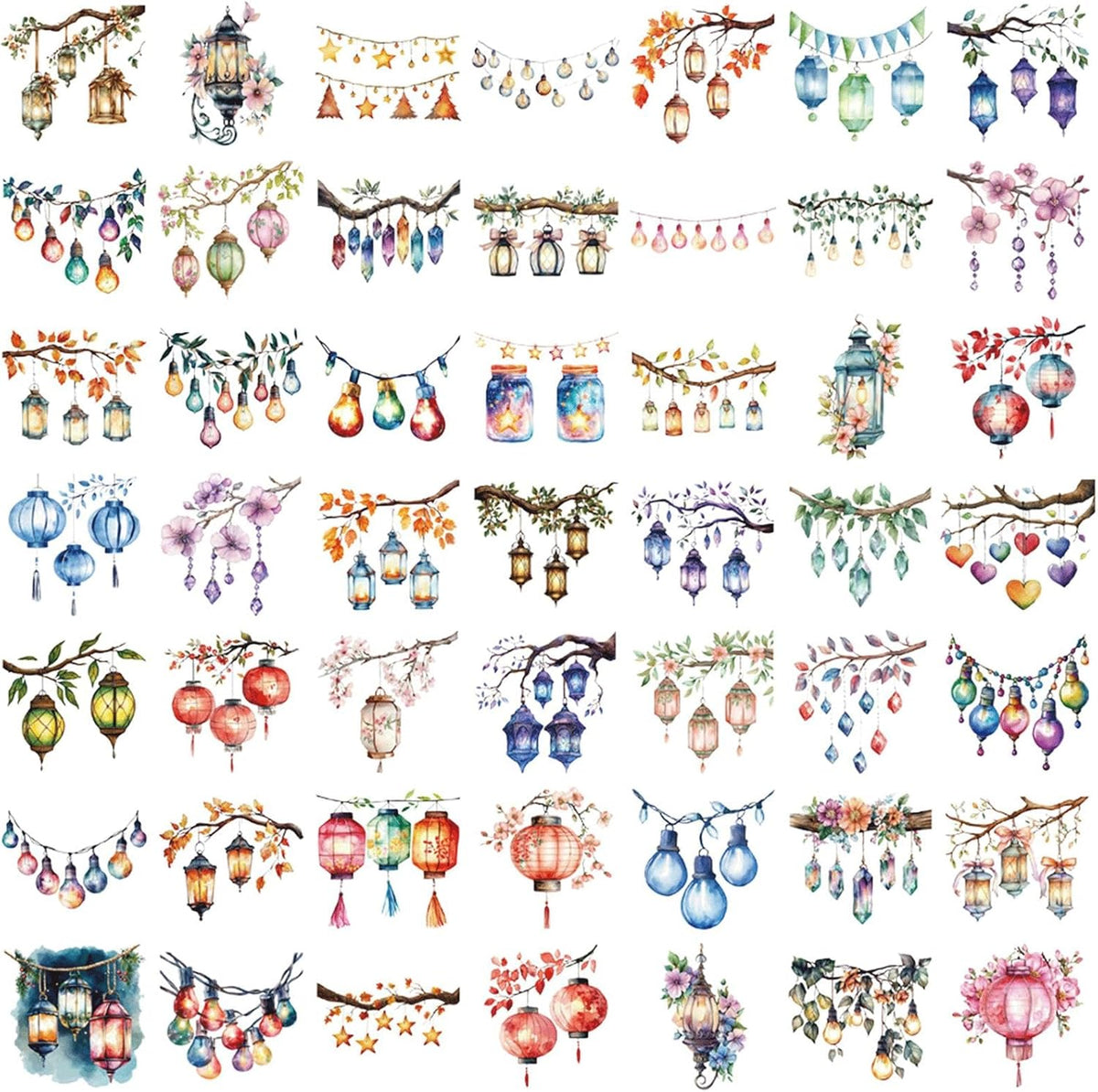 Tufeifrank 50PCS Watercolor Hanging Lantern and String Light StickersClear Tree Branch Scrapbook Stickers
