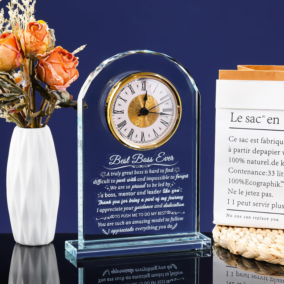 Arikyrist Boss Gifts for Men Women Glass Clock for Best Boss, Crystal Appreciation Gift for Bosses Day Birthday Going Away Farewell Thank You Retirement Keepsakes for Female Male Home Decor