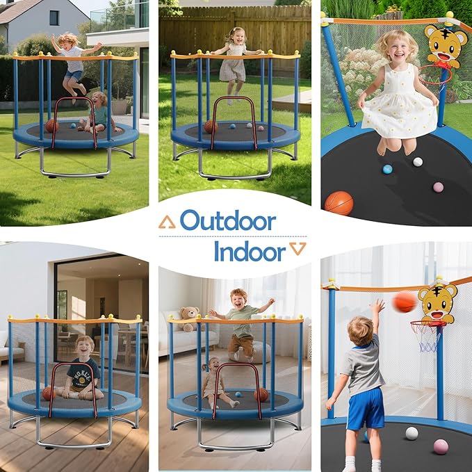 Kids Trampoline with Safety Net – 440lbs Capacity, Upgraded Rust-Proof Ring Legs, Adjustable Gymnastics Bar & Toys – Indoor Outdoor Toddler Trampoline for Boys & Girls Ages 1-8