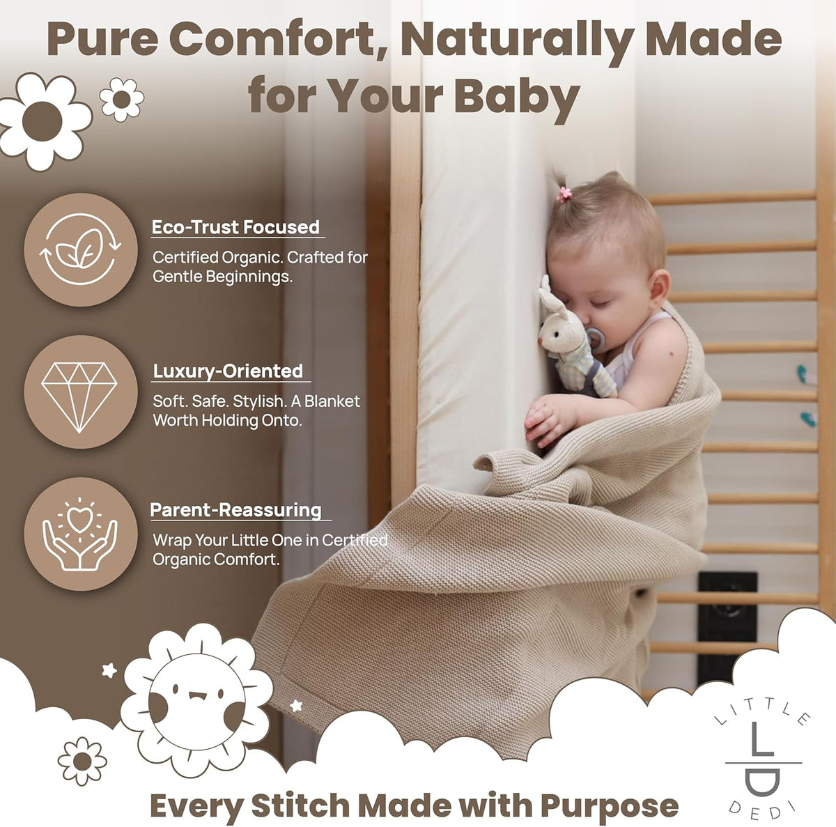 Organic Cotton Baby Blanket by [Brand Name] - Soft Knitted Swaddle for Newborns | Gift Box Included, 30"x40", Stone