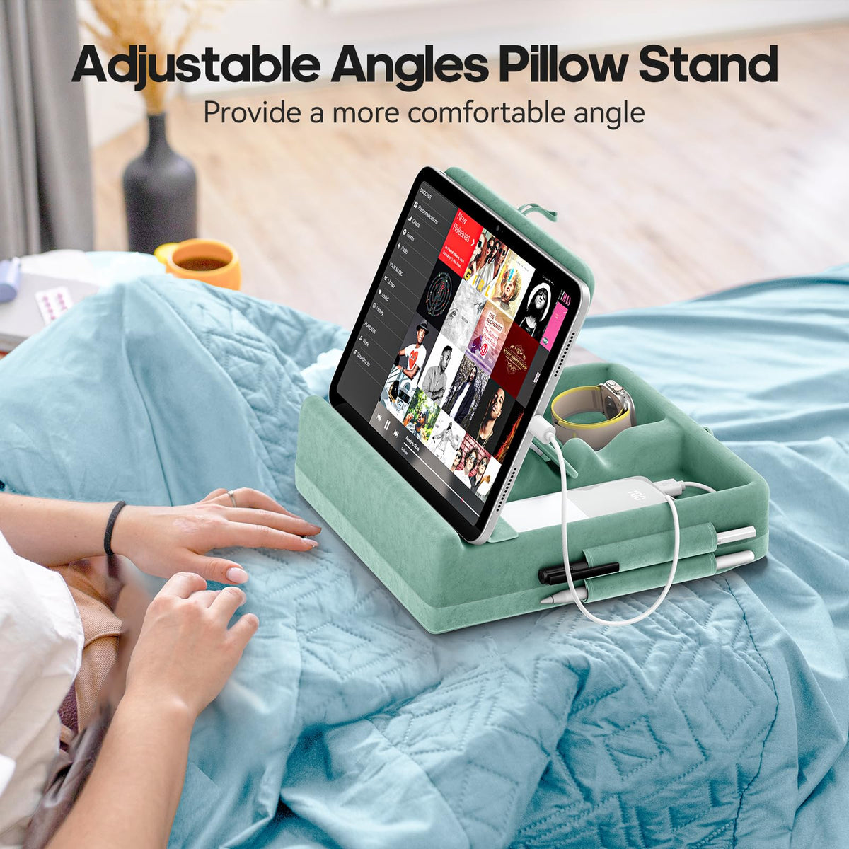 KDD Tablet Pillow Stand with Storage, Foldable iPad Holder for Bed, Lap and Desk, Angle Adjustable Soft Pad Dock with Stylus Mount Compatible with iPad Pro 12.9, 11, Air, Mini, Phones, Books (Green)