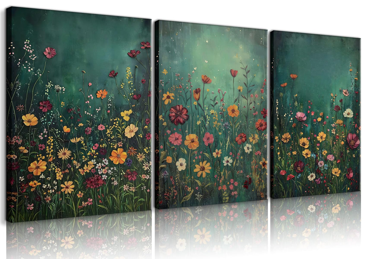 GEFQBBLD 3 Piece Canvas Wall Art Set, Emerald Green Wildflower Meadow Prints, Textured Impasto Boho Floral Decor for Living Room Bedroom 12x16 unframed