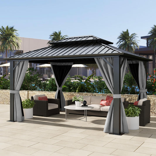 DWVO 10x12ft Hardtop Gazebo Double Roof with Nettings and Curtains, Heavy Duty Galvanized Steel Outdoor Vertical Stripes Roof for Patio, Backyard, Deck, Lawns, Grey
