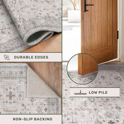 Hazo Haus Boho Light Grey Living Room Rug - Modern Vintage Floral Design, 6x8, Washable Non-Slip Area Rug