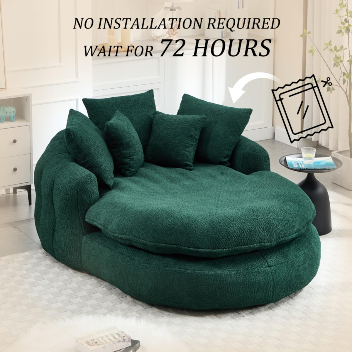 WEALTHOUSE Oversized Oval Floor Sofa Lounger with Pillows Ergonomic Wrap Around Backrest Chenille Fabric Memory Foam Filled Lazy Chair for Adults Living Room (Emerald)
