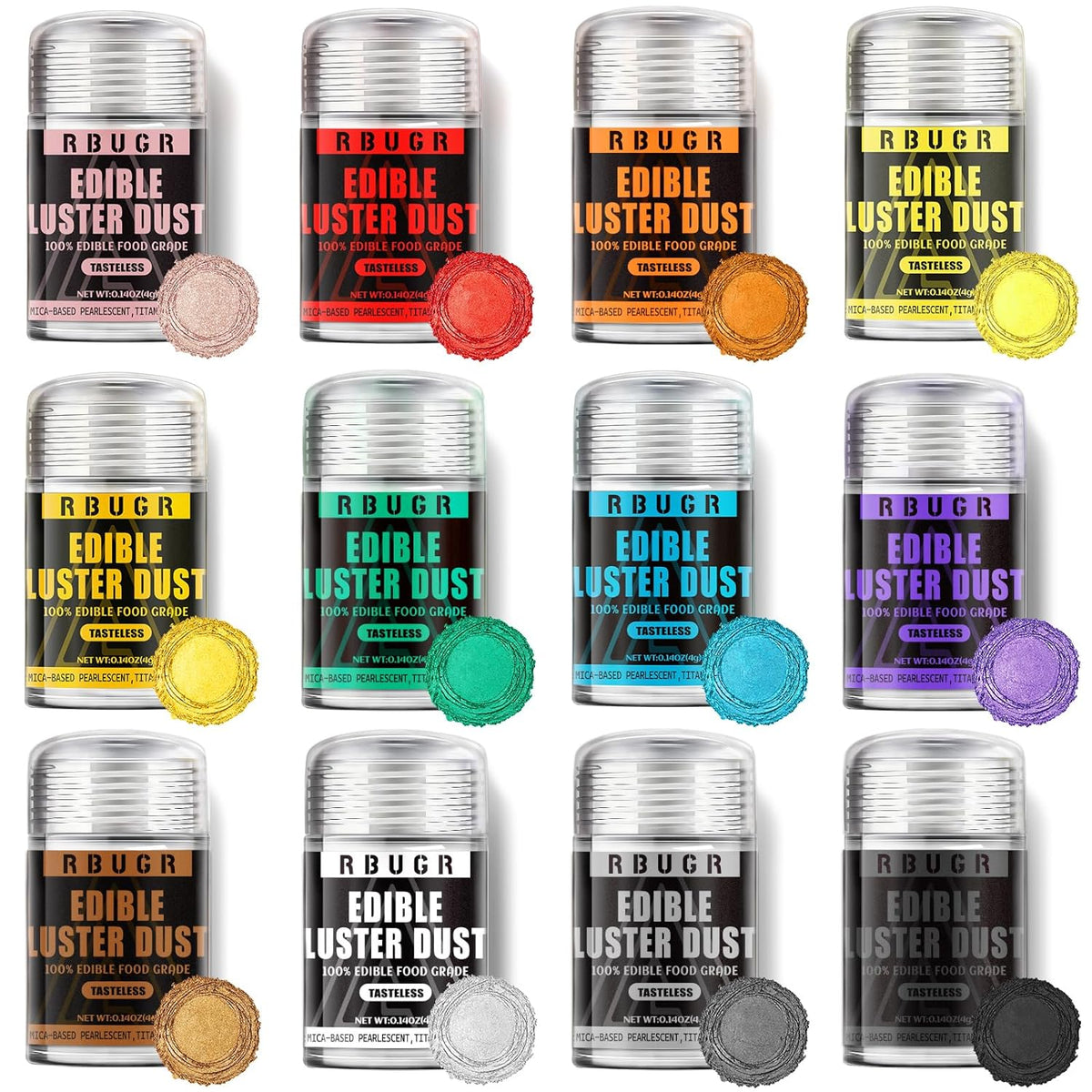 RBUGR Edible Glitter - 12 Vibrant Colors for Cocktails & Baking | Vegan Shimmer Powder (4g)