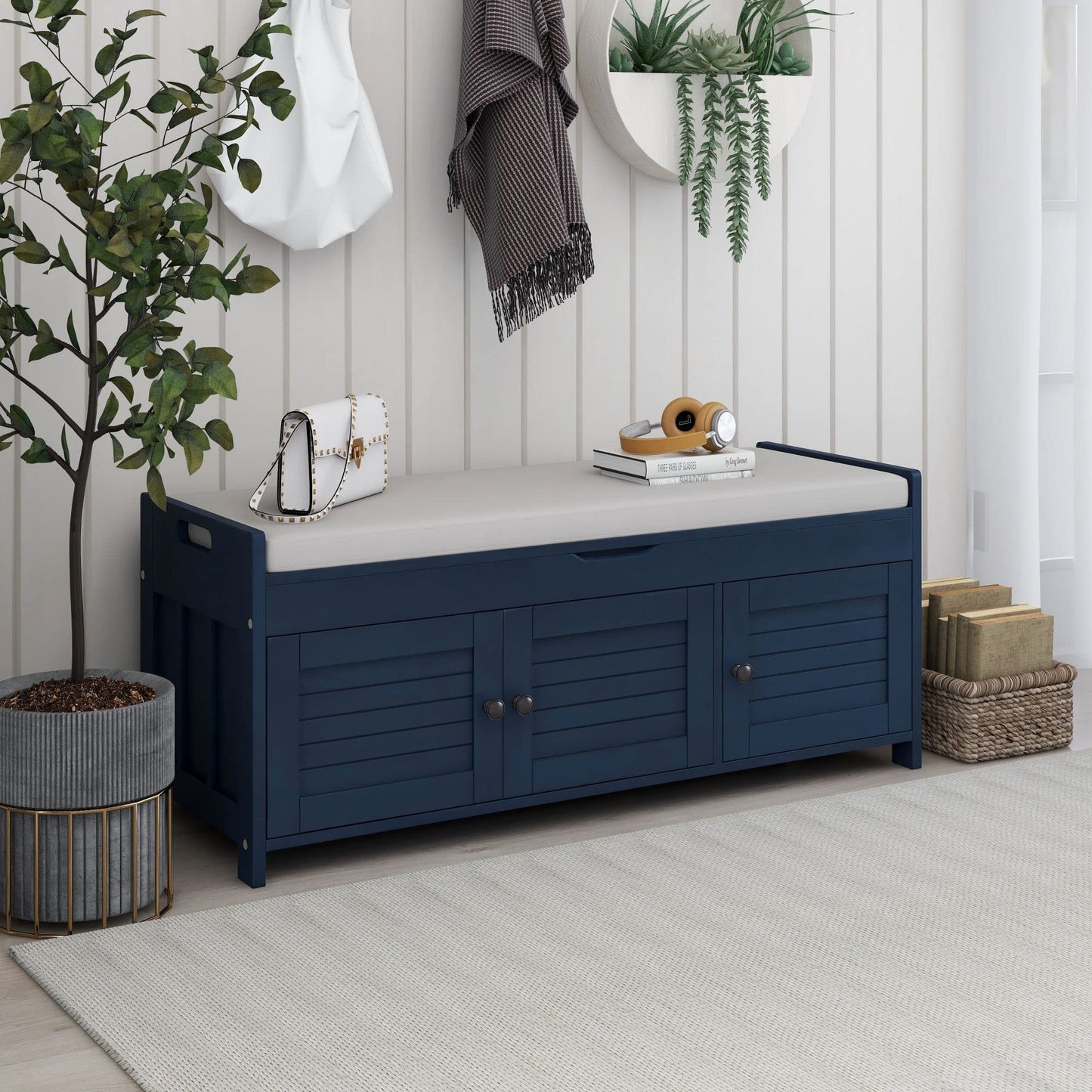 Merax Farmhouse Wood Shoe Bench with Seat Cushion Window Storage Cabinets for Entryway Hallway Living Room Antique Navy