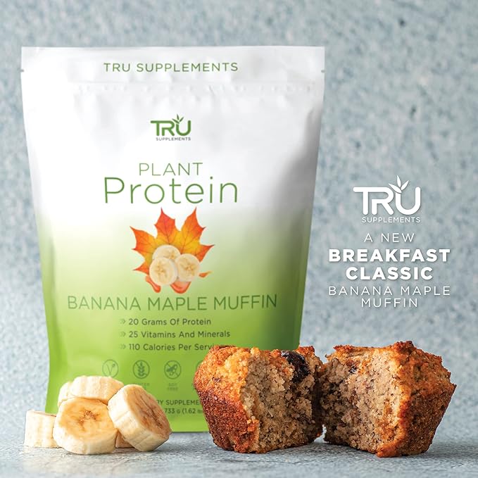 TRU Supplements Plant Based Protein Powder, BCAA, EAA, 20g Vegan Brown Rice & Pea Protein, 100 Calories, 27 Vitamins, No Artificial Flavors 25 Servings (Banana Maple Muffin)