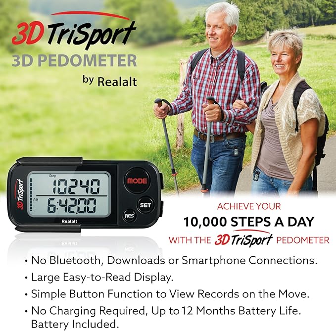 3DTriSport Walking 3D Pedometer with Clip & Strap, eBook Included | 30 Days Memory, Accurate Step Counter, Walking Distance Miles/Km, Calorie Counter, Daily Exercise Time Monitor