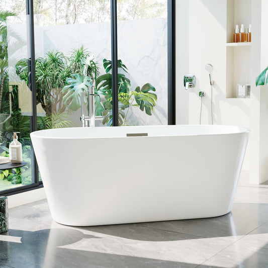 59" Free Standing Tub, Acrylic Soaking Bathtub, Stand Alone Freestanding Tub with Matte Sliver Drain and Overflow, Contemporary Bathtub for Bathroom, Burnish White