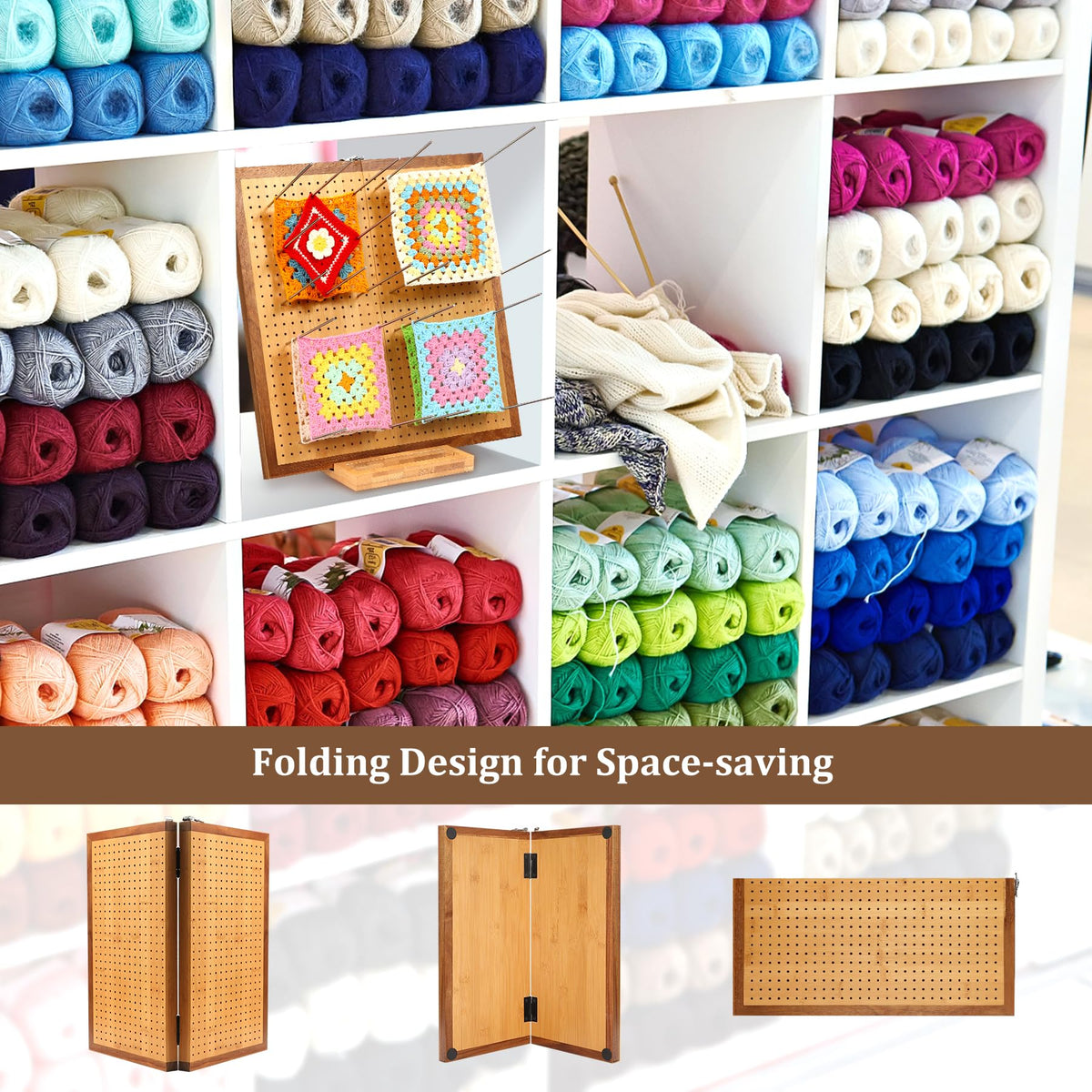 15.5" Foldable Crochet Blocking Board with 35 Stainless Steel Pegs - Upgrade Large Blocking Boards for Crochet Projects, Bamboo Granny Square Crocheting Accessories Gifts for Crocheters