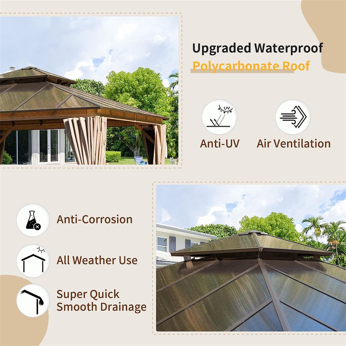 GOWE 12'x12' Hardtop Gazebo, Permanent Outdoor Gazebo with Polycarbonate Double Roof, Aluminum Gazebo Pavilion with Curtain and Net for Garden, Patio, Lawns, Deck, Backyard(Wood-Looking)