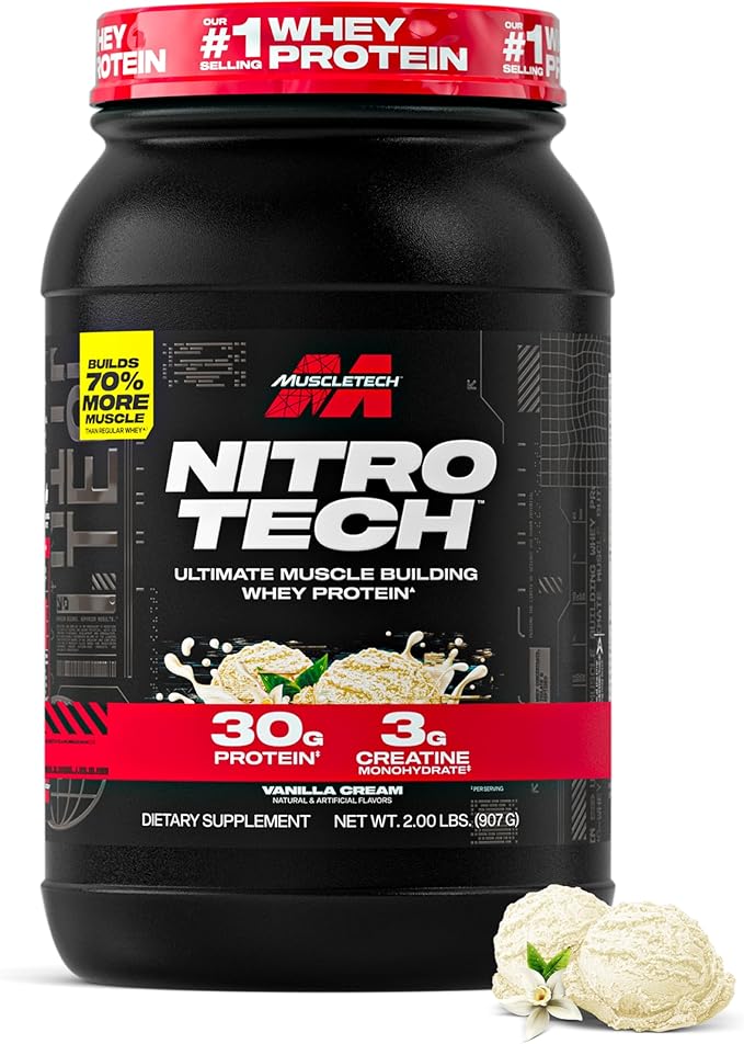 Muscletech Whey Protein Powder (Vanilla Cream, 2.2 Pound) - Nitro-Tech Ultimate Muscle Building Formula with Whey Protein Isolate - 30g of Protein, 3g of Creatine & 6.8g of BCAA - Packaging May Vary