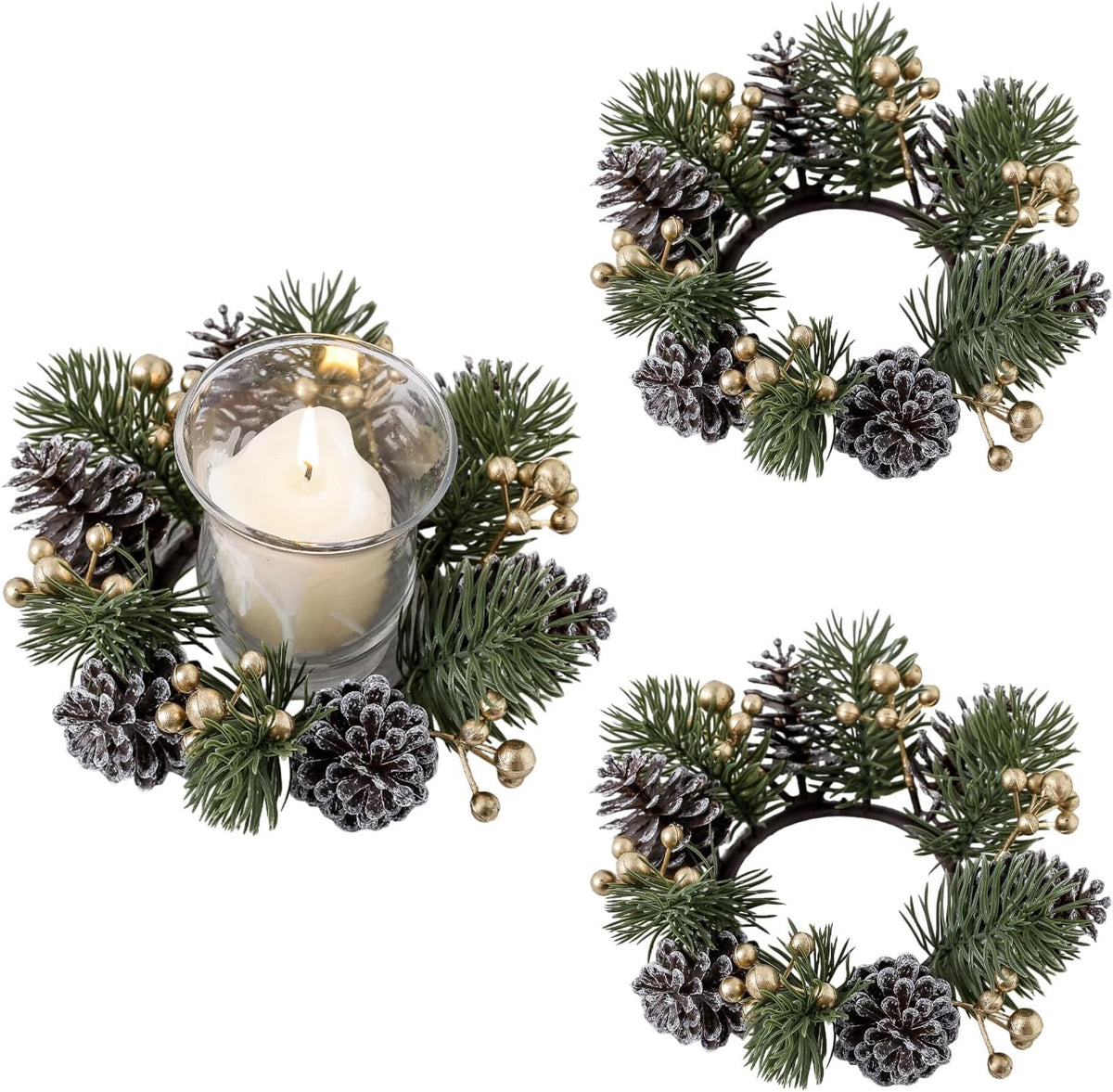 Regine Switzerland Christmas Candle Rings - Elegant Gold Berries & Pinecones | 2-Piece Winter Decor Set
