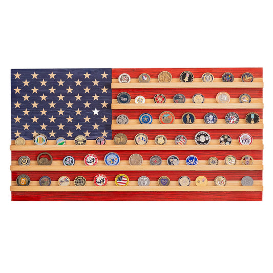 Flags of Valor American Flag Challenge Coin Display Holds 100 Coins Wooden Military Coin Holder Wall Decor Veteran Made Patriotic Flag Art Ready to Hang USA Handmade (Medium Unframed, 19" H x 36" W)
