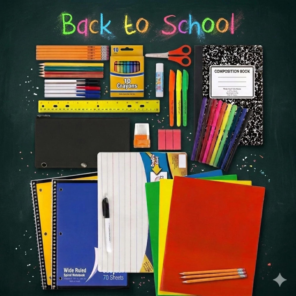 Bebbet 53-Piece School Supplies Kit – Back to School Essentials Set with Folders, Notebooks, Pencils, Pens, Markers, Crayons, Scissors, Ruler & Dry Erase Board for Elementary, Middle & High School