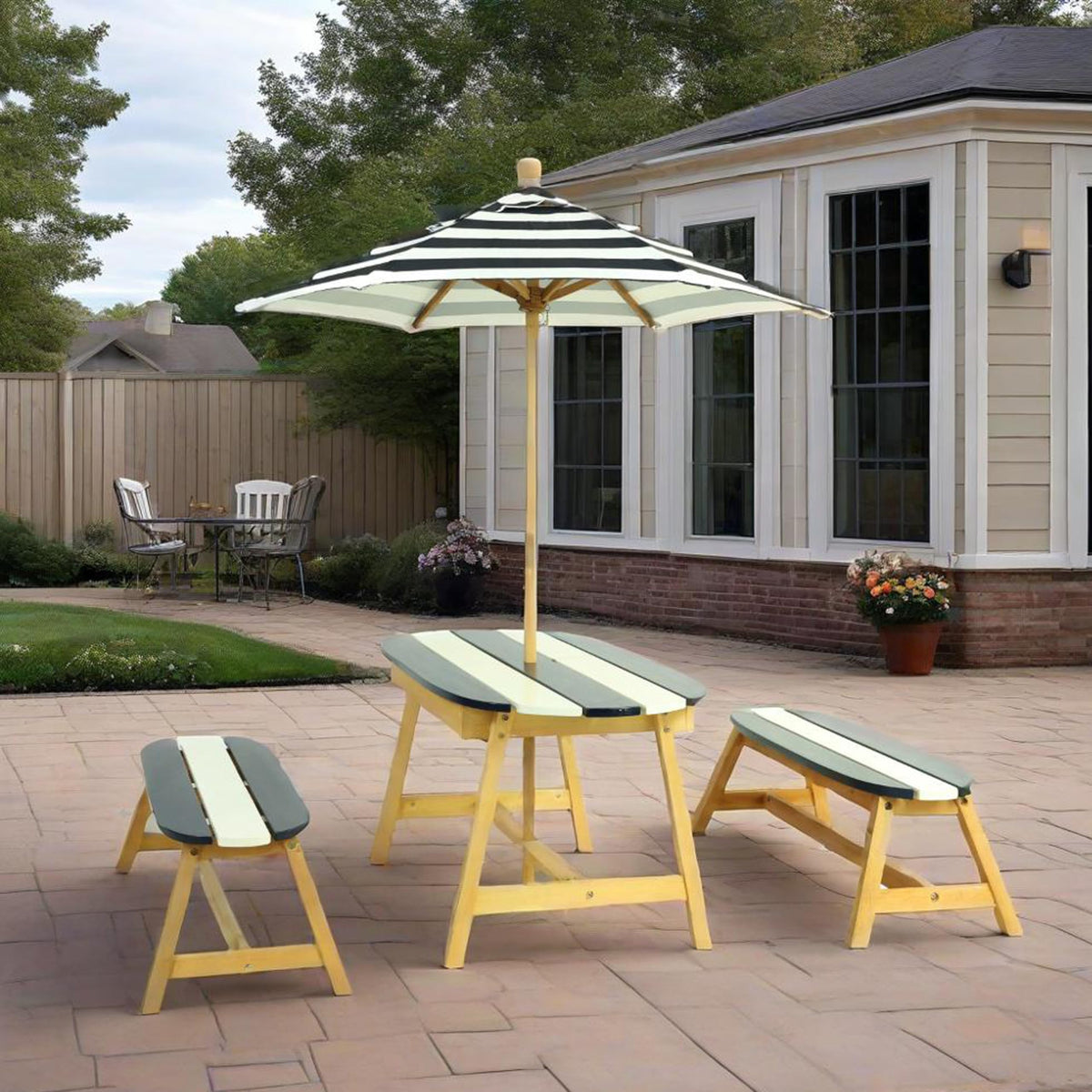 Gecheer Kids Picnic Table Set with Umbrella – Indoor/Outdoor Wooden Table & Benches for 4 Children, Dark Blue
