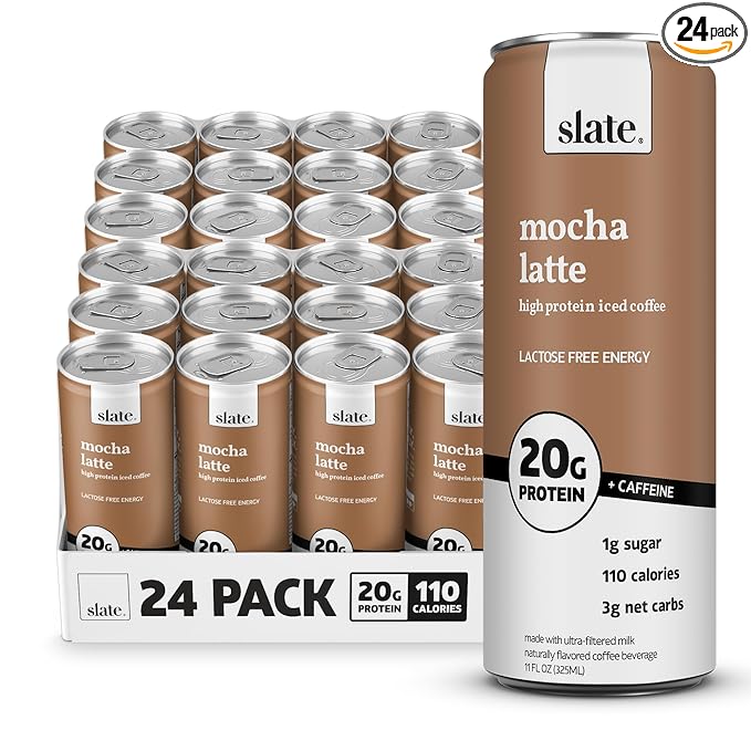Slate Milk - High Protein Iced Coffee - Mocha Latte - 175mg Caffeine, Lactose Free Energy - 20g Protein, 1g Sugar, 110 Calories, 3g Net Carbs, No Sugar Added - Protein Coffee - 11 fl oz, 24 Cans