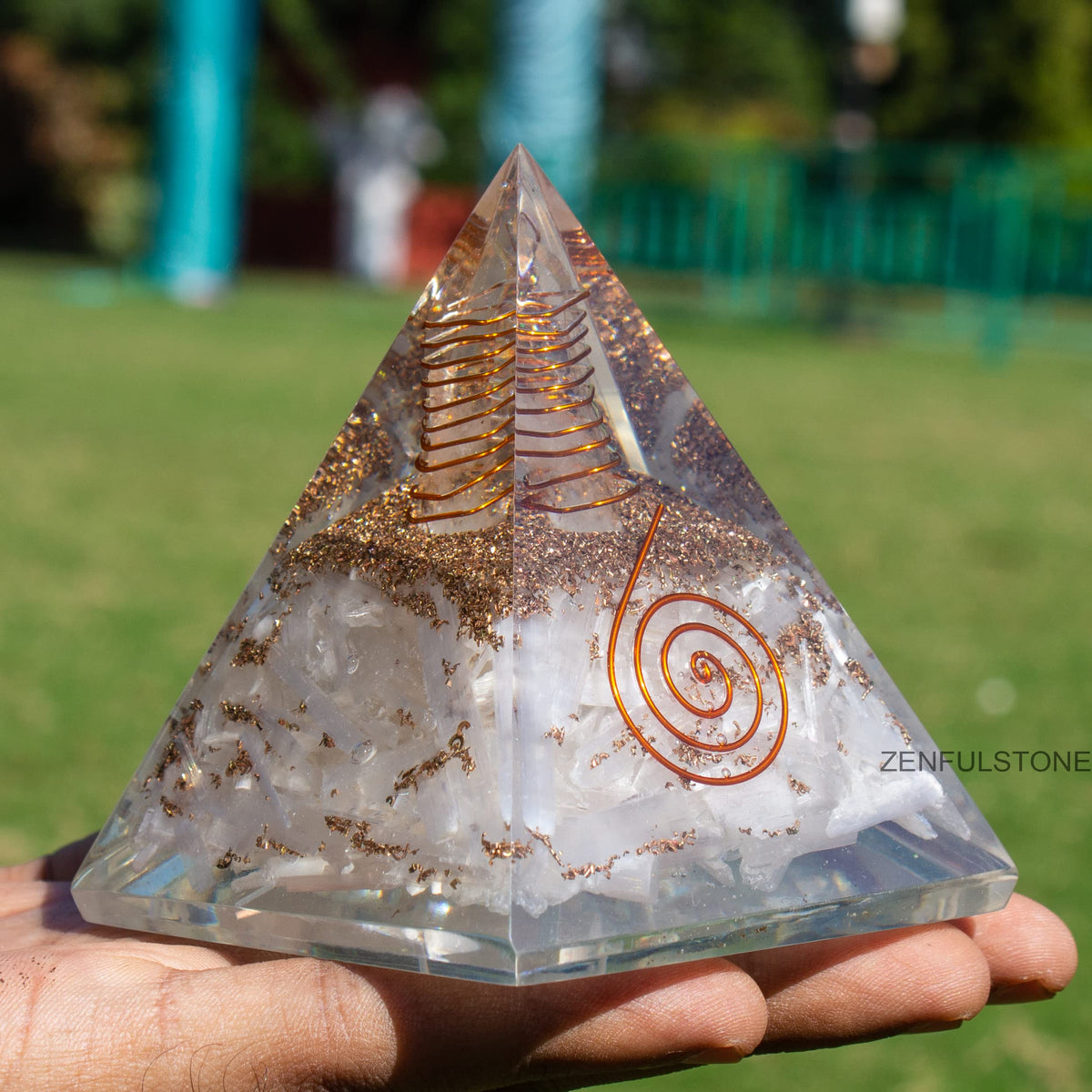Selenite Orgonite Pyramid for Clarity, Emotional Healing, Spiritual Connection | Orgonite orgone pyramids with Copper Coil and Crystal Quartz for Chakra Protection (Selenite)
