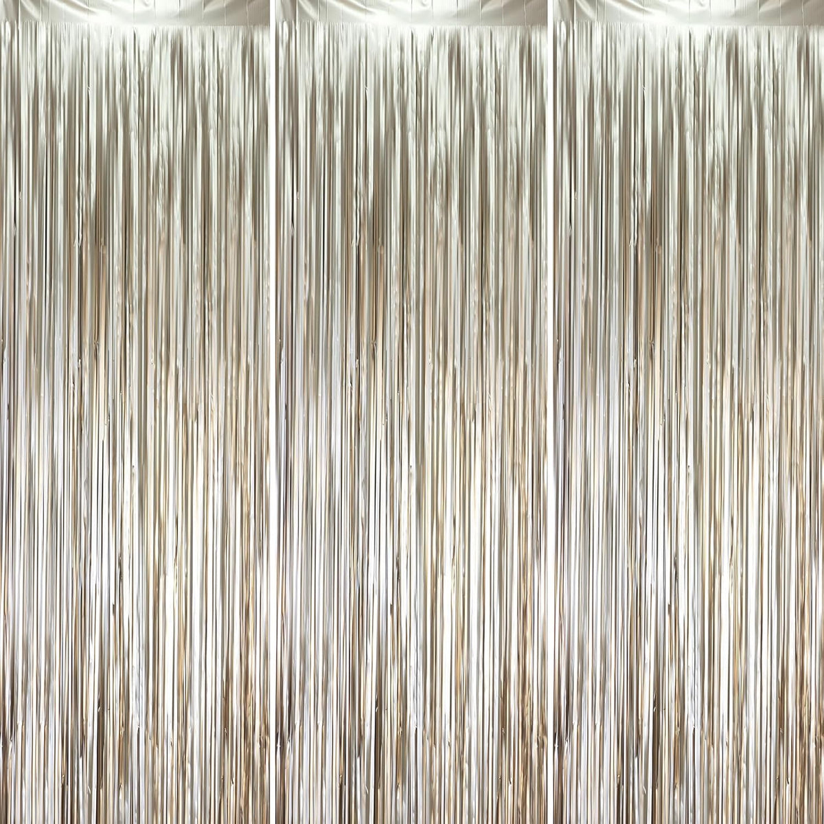 Voircoloria Matte Champagne Foil Fringe Backdrop Curtains - 3 Pack of 3.3 x 8.2 ft Tinsel Streamers for Parties