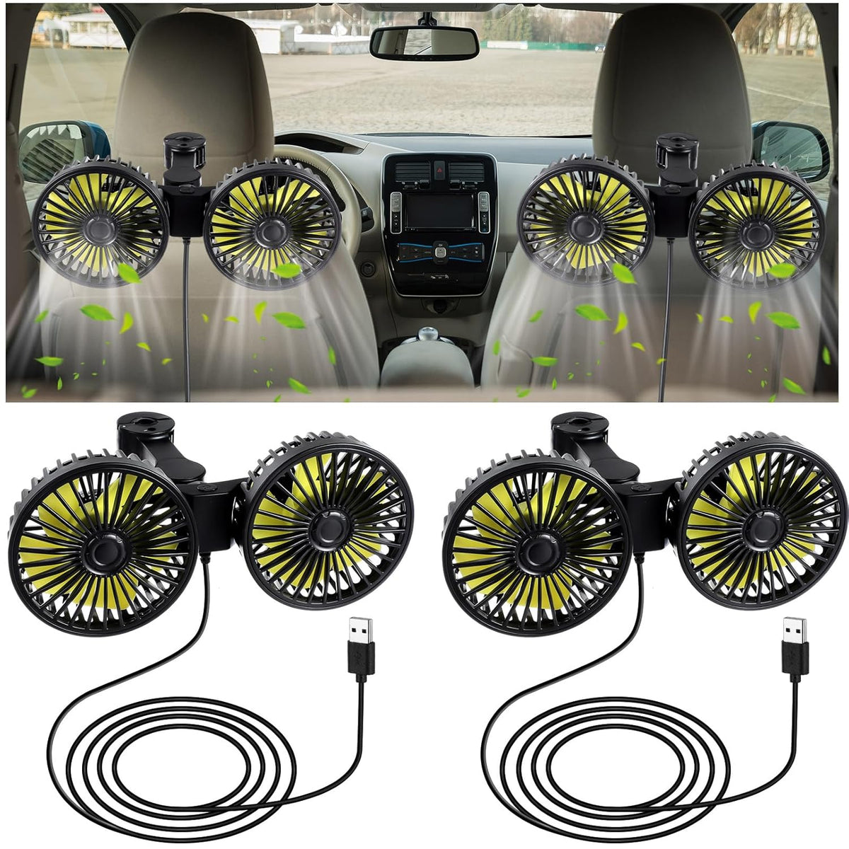 Tujoe 2 12v 360 Pcs Dual Car Seat Fans for Portable USB Backseat Cooling Headrest Degree Rotatable Fan Powerful