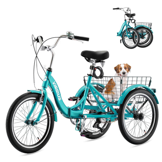 VIRIBUS Folding Tricycle for Adults, 20 inch 7 Speed Foldable Adult Tricycle for Women Men Seniors with Dual Chain, Folding 3 Wheel Bike with Lock, Collapsible Three Wheel Bicycle 330 lb. Teal