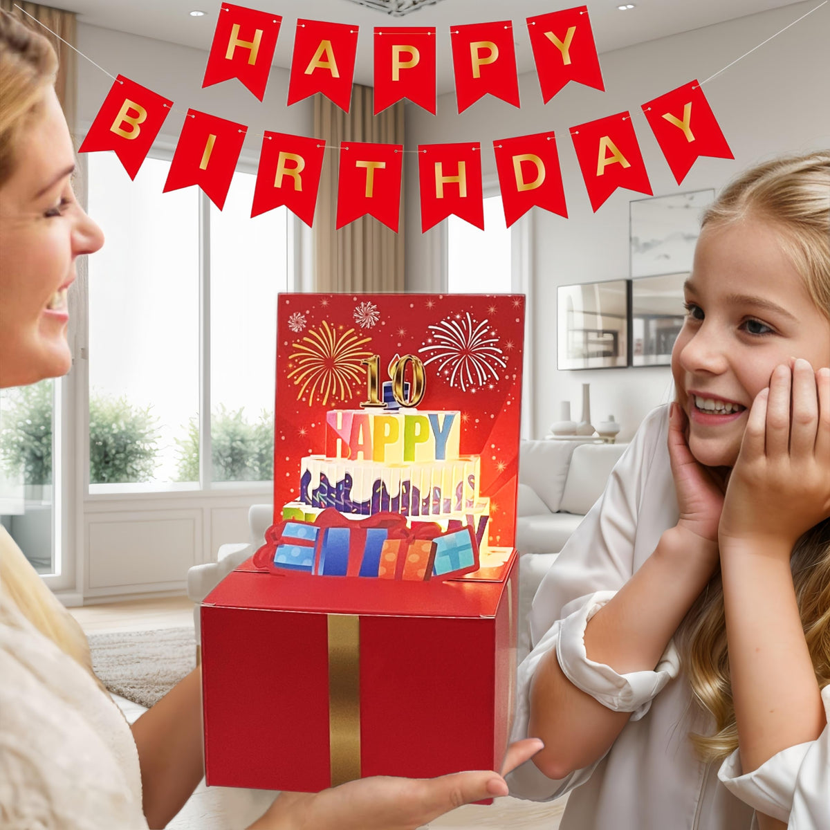 JINSTABAG Birthday Money Box for Cash Gift, Money Pull Box with Music Light 3D Cake and DIY Number Placard for Any Age, Birthday Decorations for Boys Girls Kids Adult (Red)