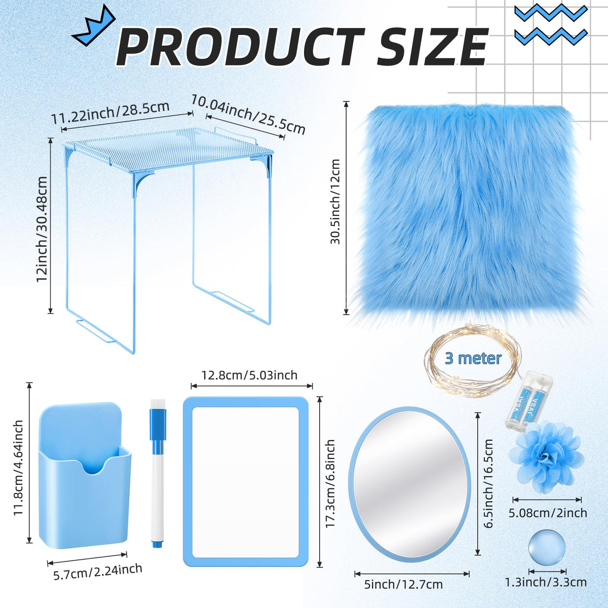 Patelai 11 Pcs Locker Accessories Kit Included Locker Shelf Magnetic Mirror Pen Holder Whiteboard Marker Faux Fur Rug Light String and Magnet for Back to School Essentials(Blue)