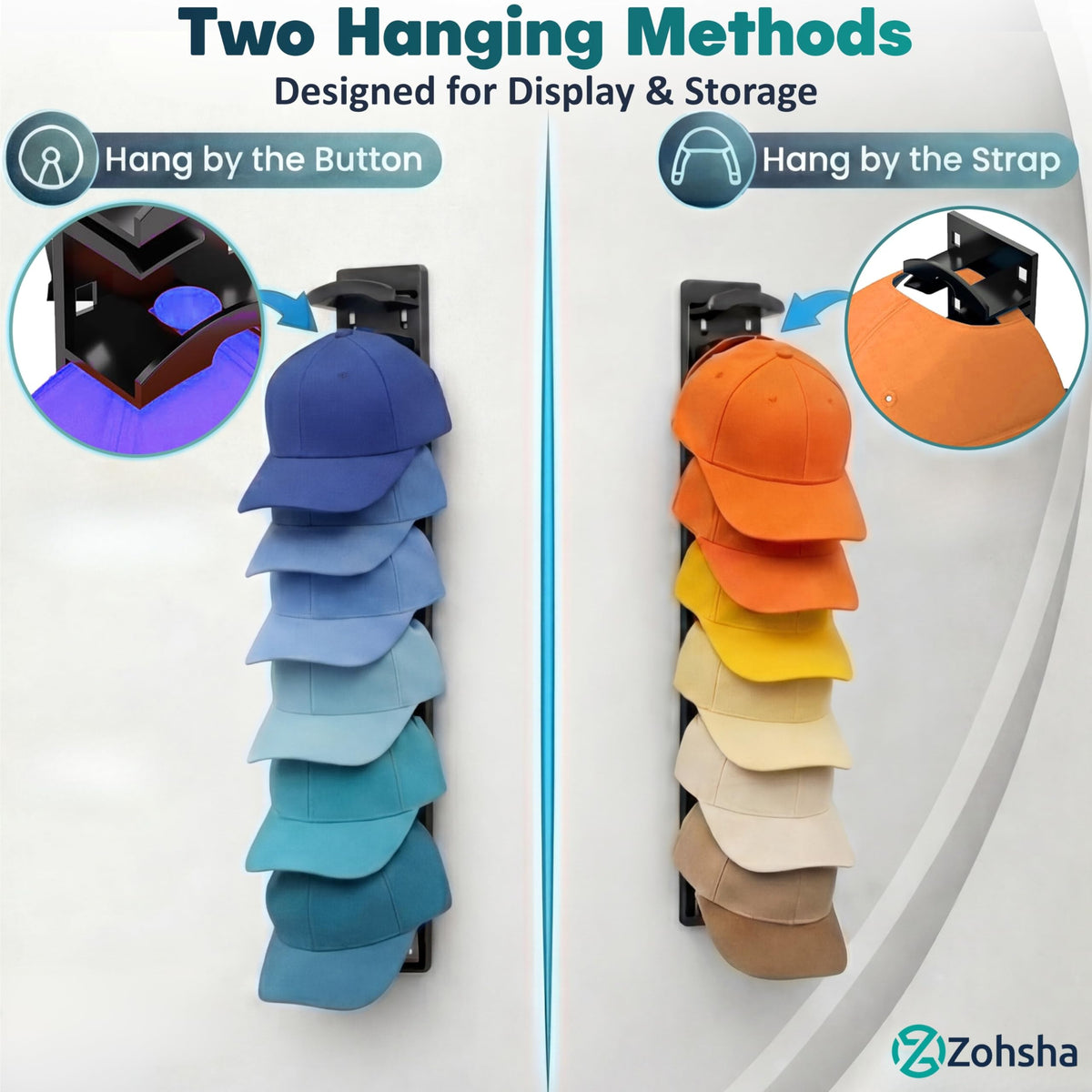2 Pack Hat Organizer for Baseball Caps, Hat Rack with Strong Adhesive, Wall Mounted Hat Hooks for Hat Storage Display, Holds up to 20 Hats, Multi-Layer Cap Organizer for Closet Door and Bedroom(Black)